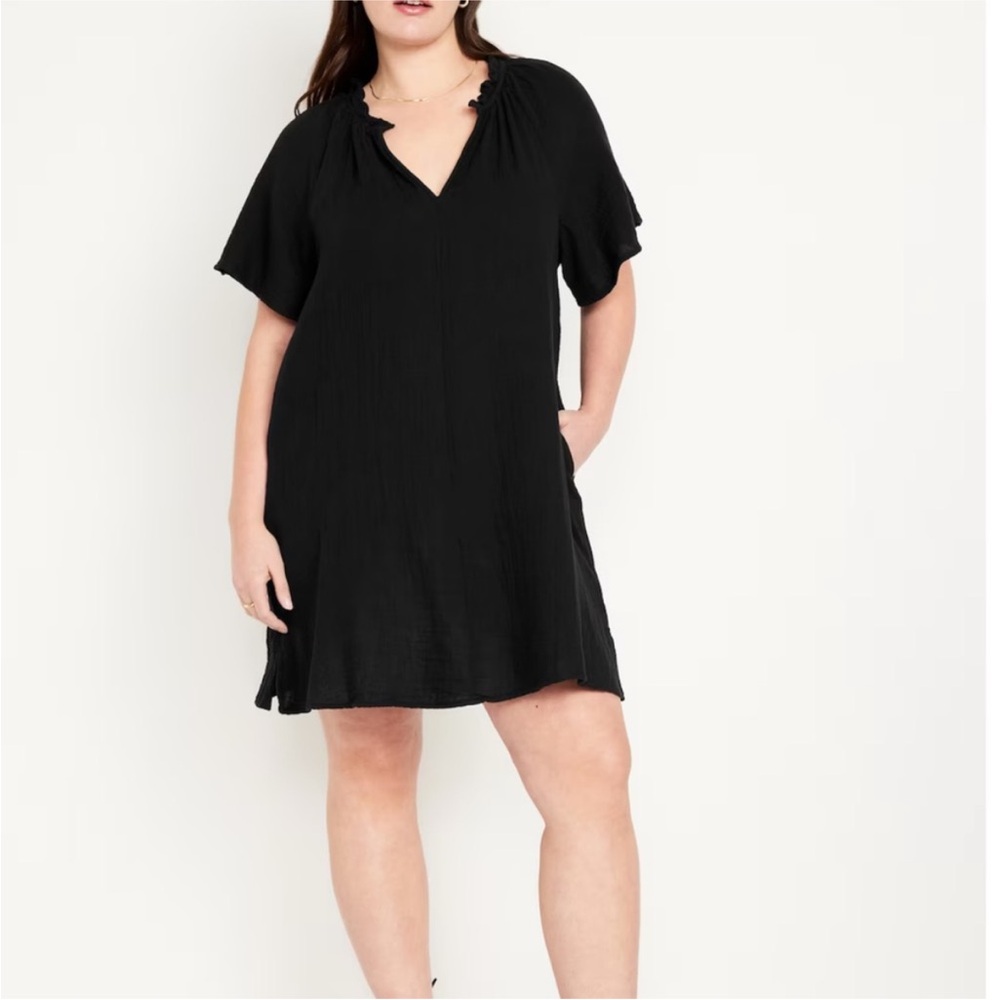 OLD NAVY Crinkle Gauze Swing Cotton Dress Black Pockets